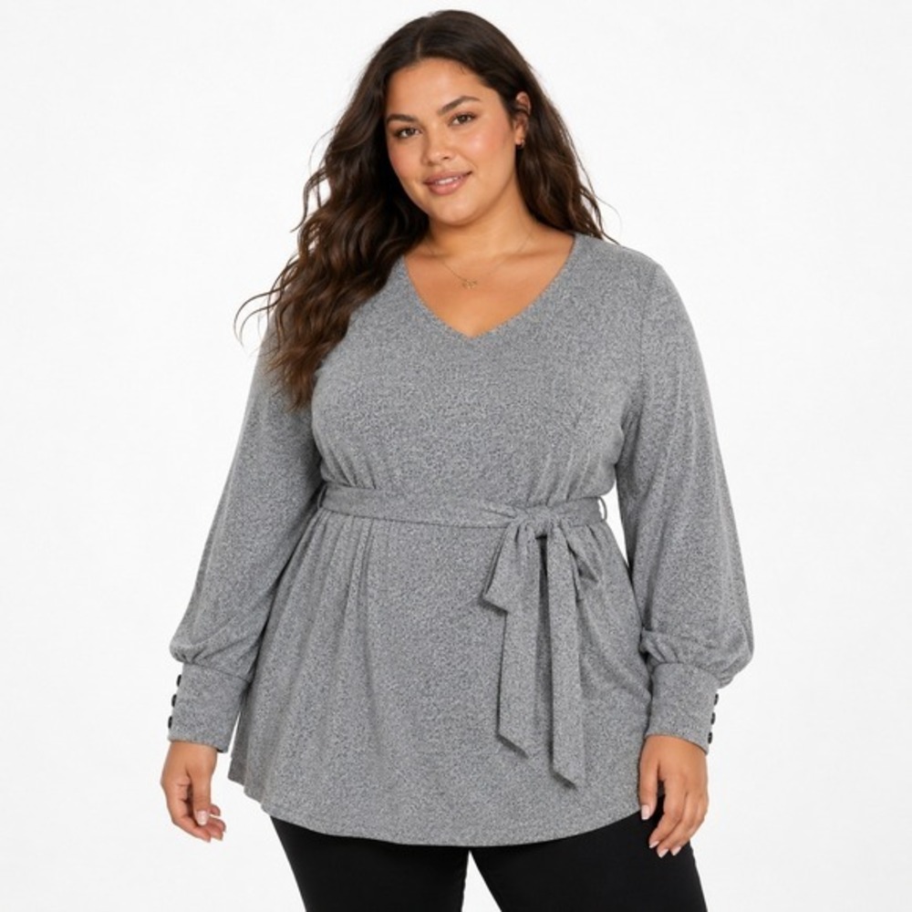 Lane Bryant V-Neck Heathered Knit Tunic Top Gray Soft Tie Waist Size 18/20